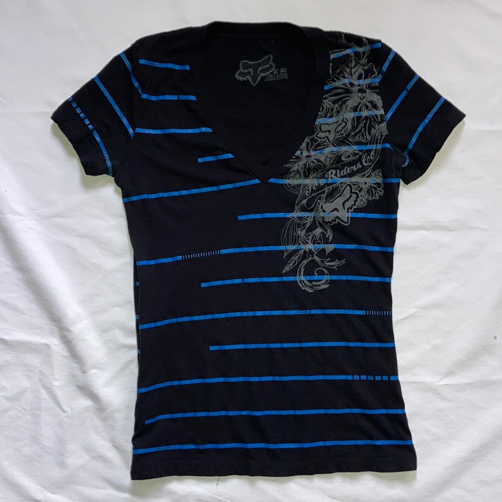 Preloved black fox tee with blue stripes. No flaws. Size small.